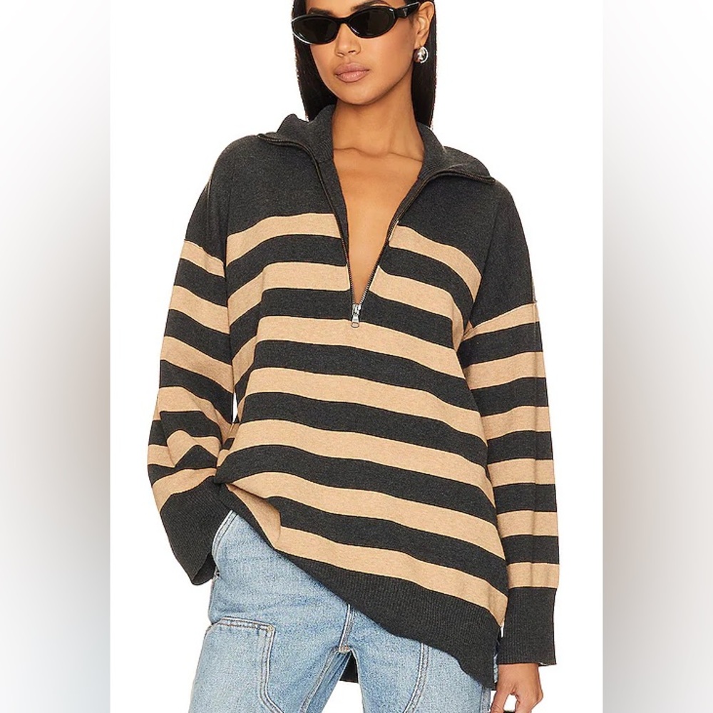 Free People Coastal Stripe Pullover in Carbon Camel